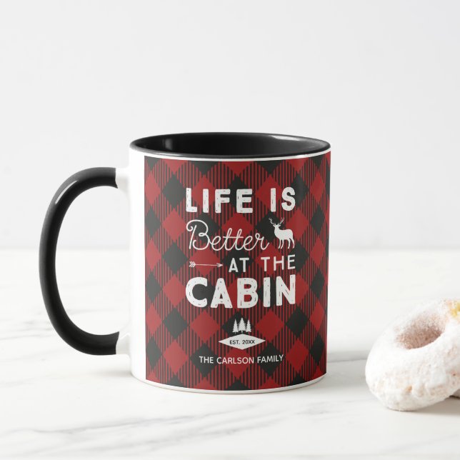 Life is Better at the Cabin Family Buffalo Plaid Mug (With Donut)