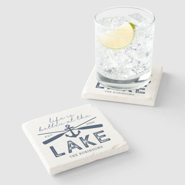 Life is Better at the Lake Family Name Stone Coaster (Side)