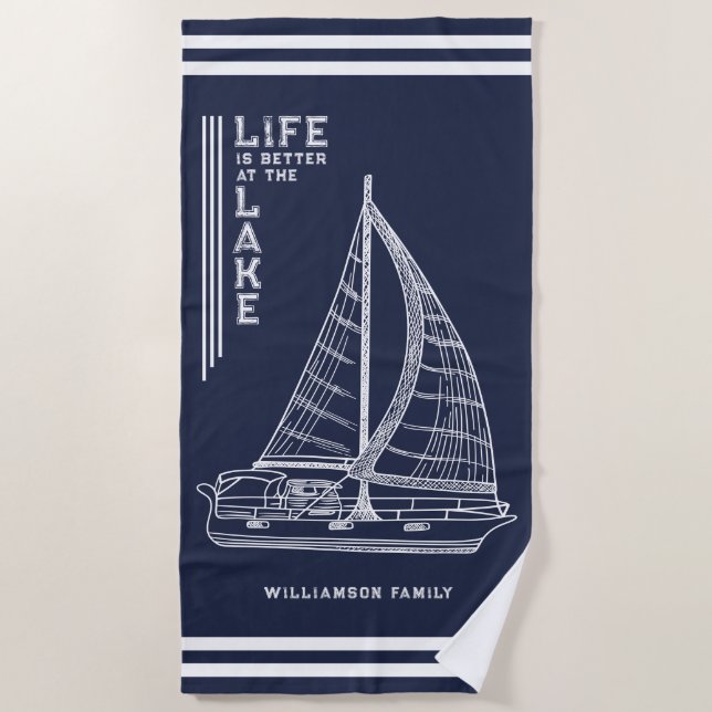 Life is Better at the Lake Family Navy Blue White Beach Towel (Front)