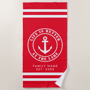 Life is better at the lake nautical custom red beach towel