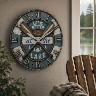 Life Is Better at the Lake Paddle Cabin Lodge Large Clock