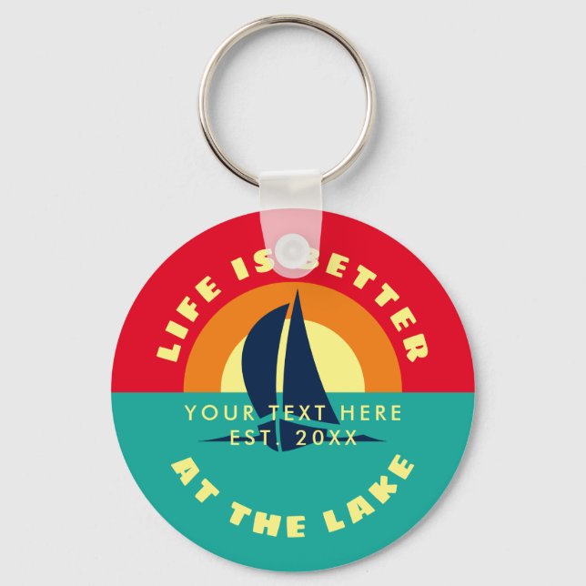 Life is better at the lake sail boat summer sunset keychain (Front)
