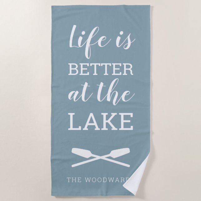Life Is Better at the Lake Typography Blue Grey Beach Towel (Front)