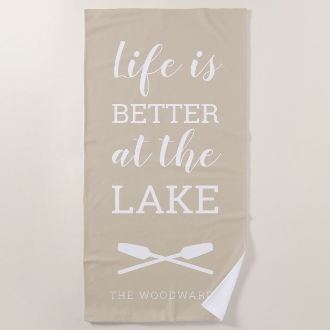 Life Is Better at the Lake Typography Sand Beige Beach Towel (Front)