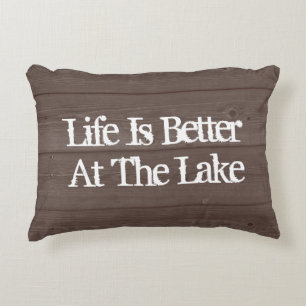 LIFE IS BETTER AT THE LAKE wood grain throw pillow