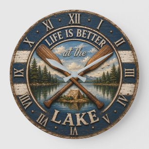 Life Is Better at the Mountain Lake Cabin Large Clock