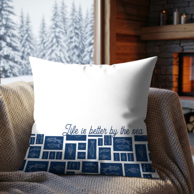 Life Is Better By The Sea Coastal Fish Pattern  Throw Pillow (Creator Uploaded)