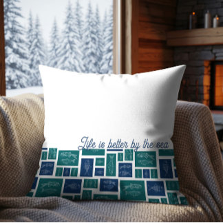 Life Is Better By The Sea Coastal Fish Pattern  Throw Pillow