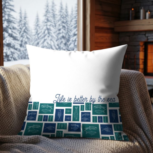 Life Is Better By The Sea Coastal Fish Pattern  Throw Pillow (Creator Uploaded)