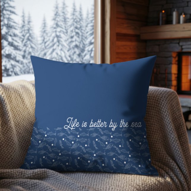 Life Is Better By The Sea Coastal Fish Pattern  Throw Pillow (Creator Uploaded)