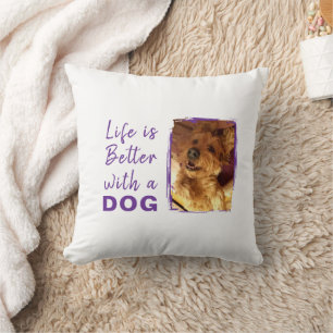 Life is better dog 2 photo name white purple throw pillow