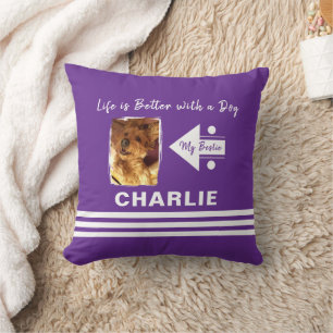 Life is better dog add photo name purple white throw pillow