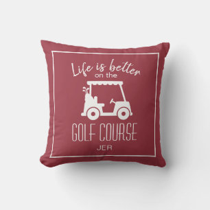 Life Is Better Golf Cart Burgundy Monogram Golf  Throw Pillow