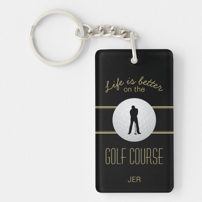 Life is Better Golfer Monogram Black Gold Custom Keychain (Front)