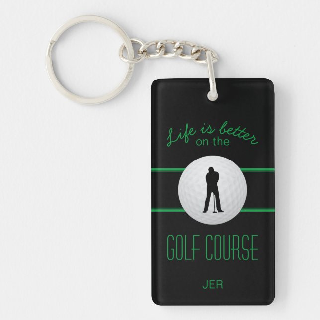 Life is Better Golfer Monogram Black Green Custom Keychain (Front)