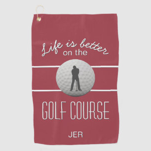 Life is Better Golfing Quote Initials Crimson Red Golf Towel