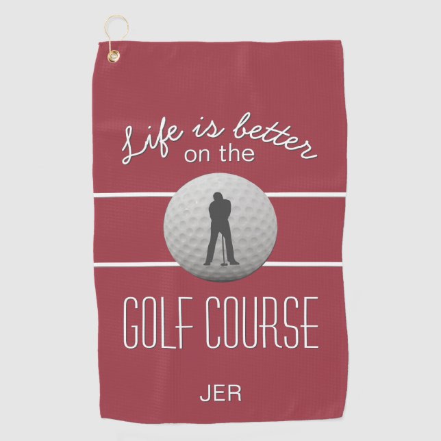 Life is Better Golfing Quote Initials Crimson Red Golf Towel (Front)