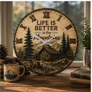 Life Is Better in the Mountains Rustic Cabin Large Clock