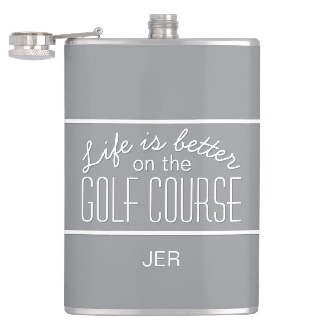 Life is Better on Golf Course Quote Monogram Grey Hip Flask (Opened)