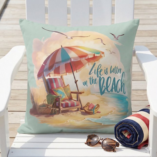 Life Is Better on the Beach Coastal Aesthetic Throw Pillow (Life Is Better on the Beach Coastal Aesthetic Throw Pillow Mockup A)
