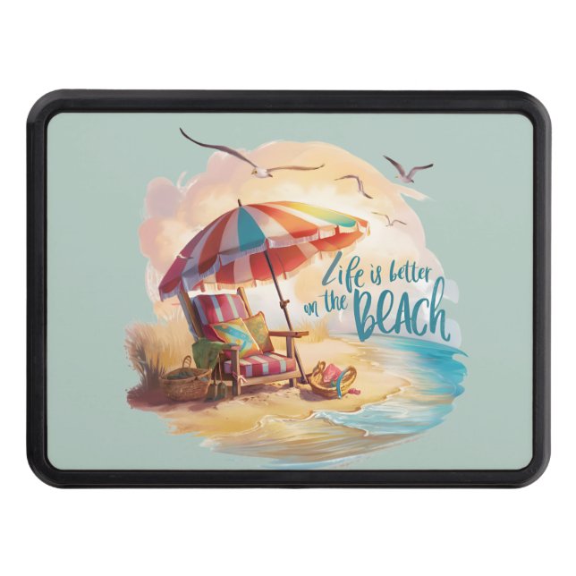 Life Is Better on the Beach Coastal Aesthetic Trailer Hitch Cover (Front)