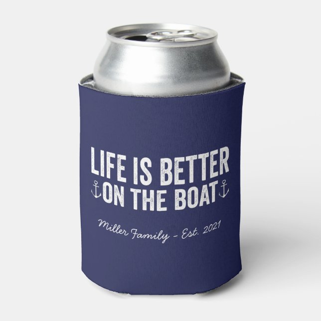 Life is Better On the Boat Name | Navy Can Cooler (Can Front)