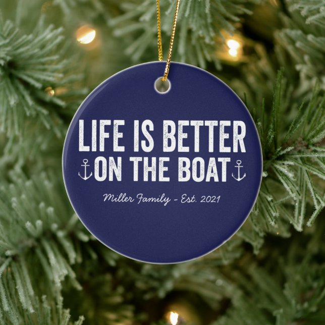 Life is Better On the Boat Name | Navy Ceramic Ornament (Tree)