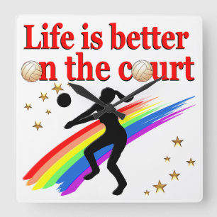 LIFE IS BETTER ON THE COURT VOLLEYBALL DESIGN SQUARE WALL CLOCK