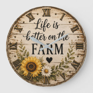 Life Is Better on the Farm Rustic Sunflower Large Clock