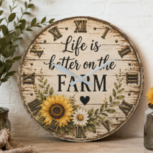 Life Is Better on the Farm Rustic Sunflower Large Clock