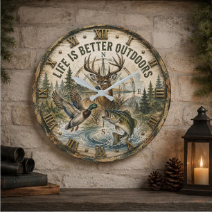Life Is Better Outdoors Hunting Fishing Wildlife Large Clock