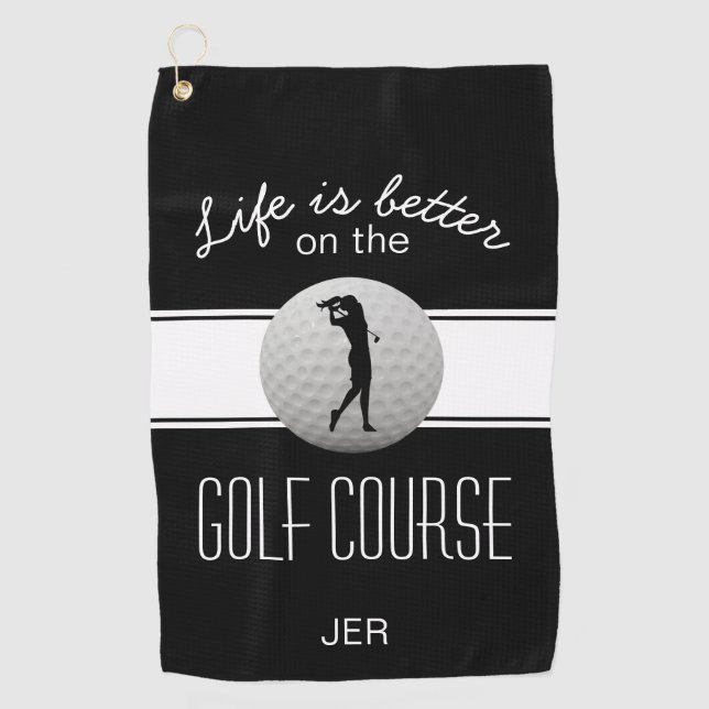 Life is Better Quote Golf Monogrammed Black White Towel (Front)