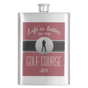 Life is Better Quote Golfing Monogram Crimson Red Hip Flask