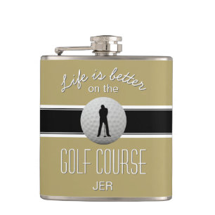 Life is Better Quote Golfing Monogram Gold Black Hip Flask