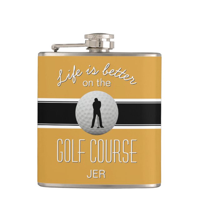 Life is Better Quote Golfing Monogram Yellow Black Hip Flask (Front)