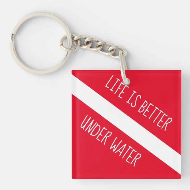 Life is better underwater red diver down flag keychain (Front)