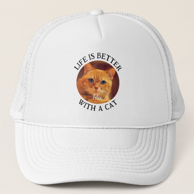 Life is Better with a Cat Photo and Name Pattern Trucker Hat (Front)