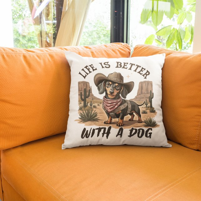 Life Is Better with a Dog Cowboy Western Throw Pillow (Creator Uploaded)