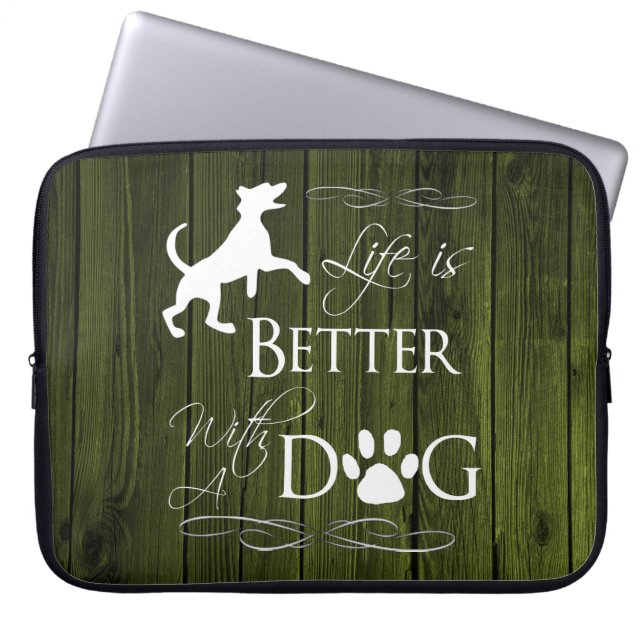 Life is better with a Dog Laptop Sleeve - Green (Front)