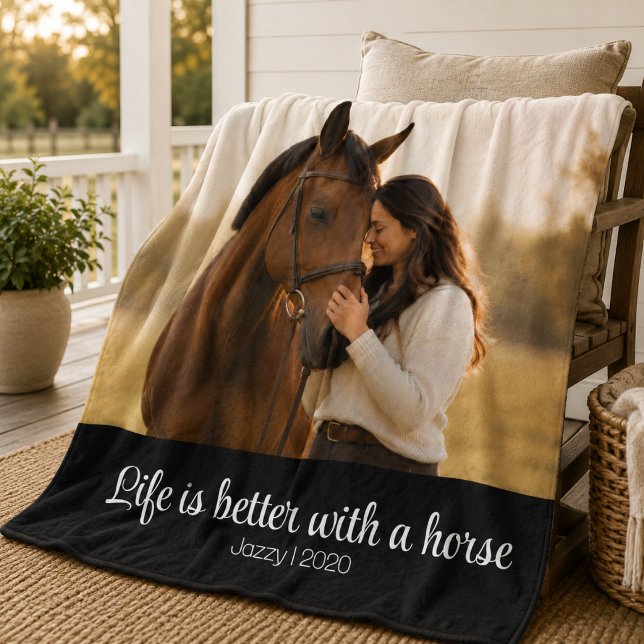Life Is Better With A Horse Script Monogram Fleece Blanket (Creator Uploaded)