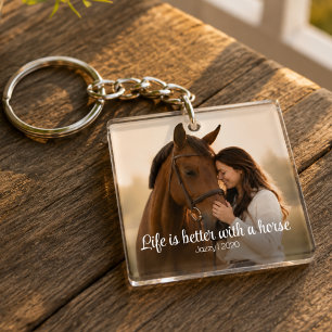 Life Is Better With A Horse Script Photo Monogram Keychain