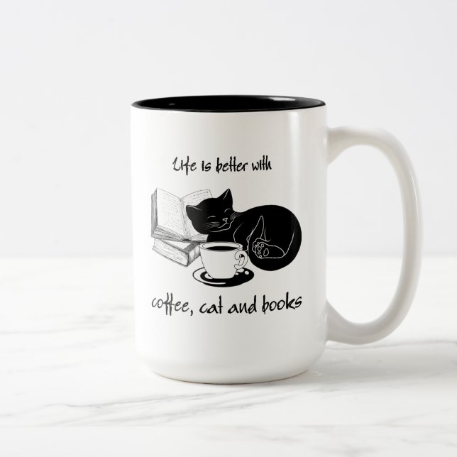 LIFE IS BETTER WITH CAT COFFEE AND BOOKS Two-Tone COFFEE MUG (Right)