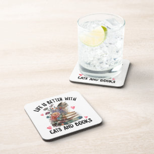 Life is better with Cats and Books Funny Cat Coaster