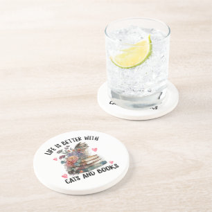 Life is better with Cats and Books Funny Cat Coaster