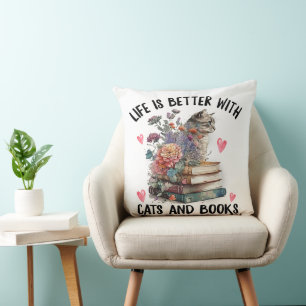Life is better with Cats and Books Funny Cat Throw Pillow