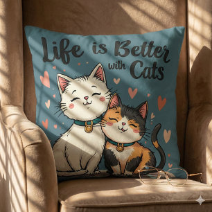 Life is Better with Cats Cute Cat Aesthetic, Blue Throw Pillow