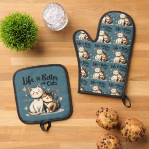 Life is Better with Cats Cute Cat Aesthetic Oven Mitt & Pot Holder Set