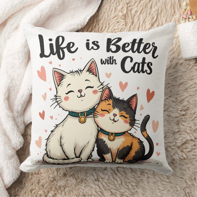 Life is Better with Cats Cute Cat Aesthetic Throw Pillow (Blanket)