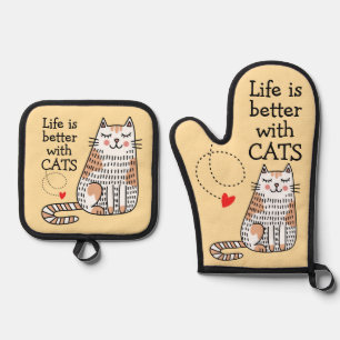 Life Is Better With Cats Doodle Oven Mitt & Pot Holder Set