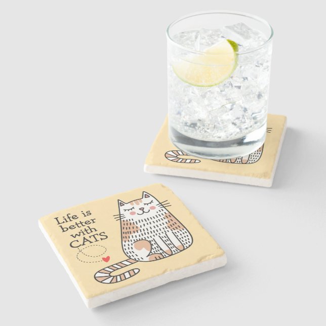 Life Is Better With Cats Doodle Stone Coaster (Side)